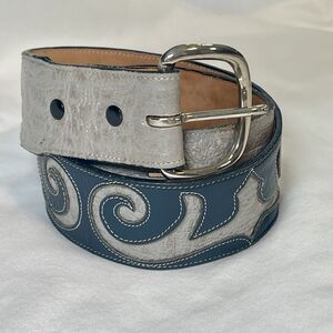 Vintage USA Made TONY LAMA Buckle Belt 28 Blue & Gray WESTERN Cowhide Leather